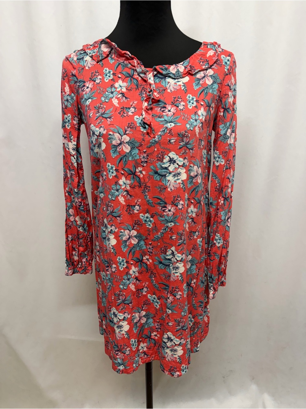 Pepe Jeans Girls Size 16 Coral Floral A-Line Dress Long Sleeve Ruffle Neck Knit